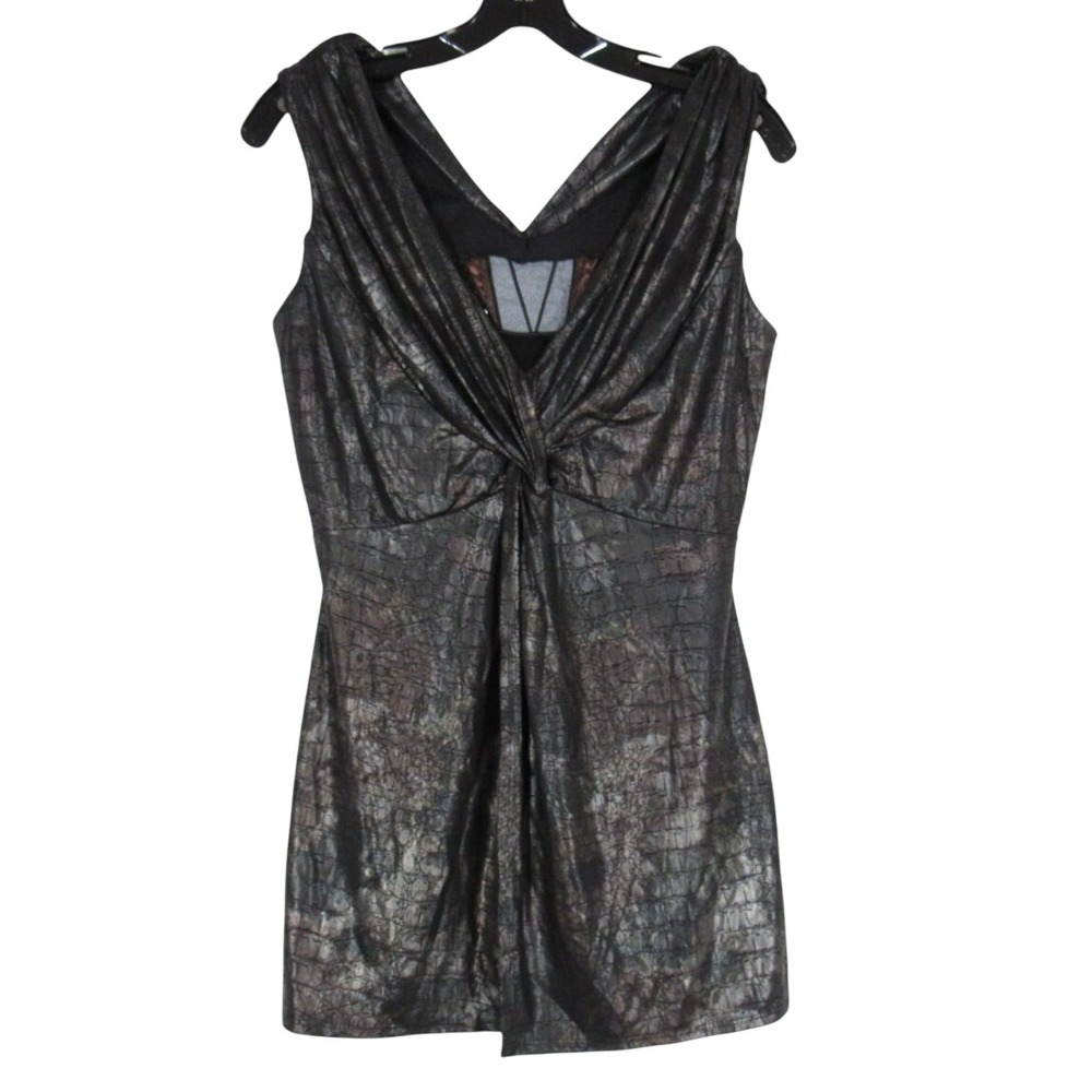 FRANK LYMAN Black FAUX LEATHER Animal Print SEQUIN TRIM Open Trim BLOUSE/TOP 10